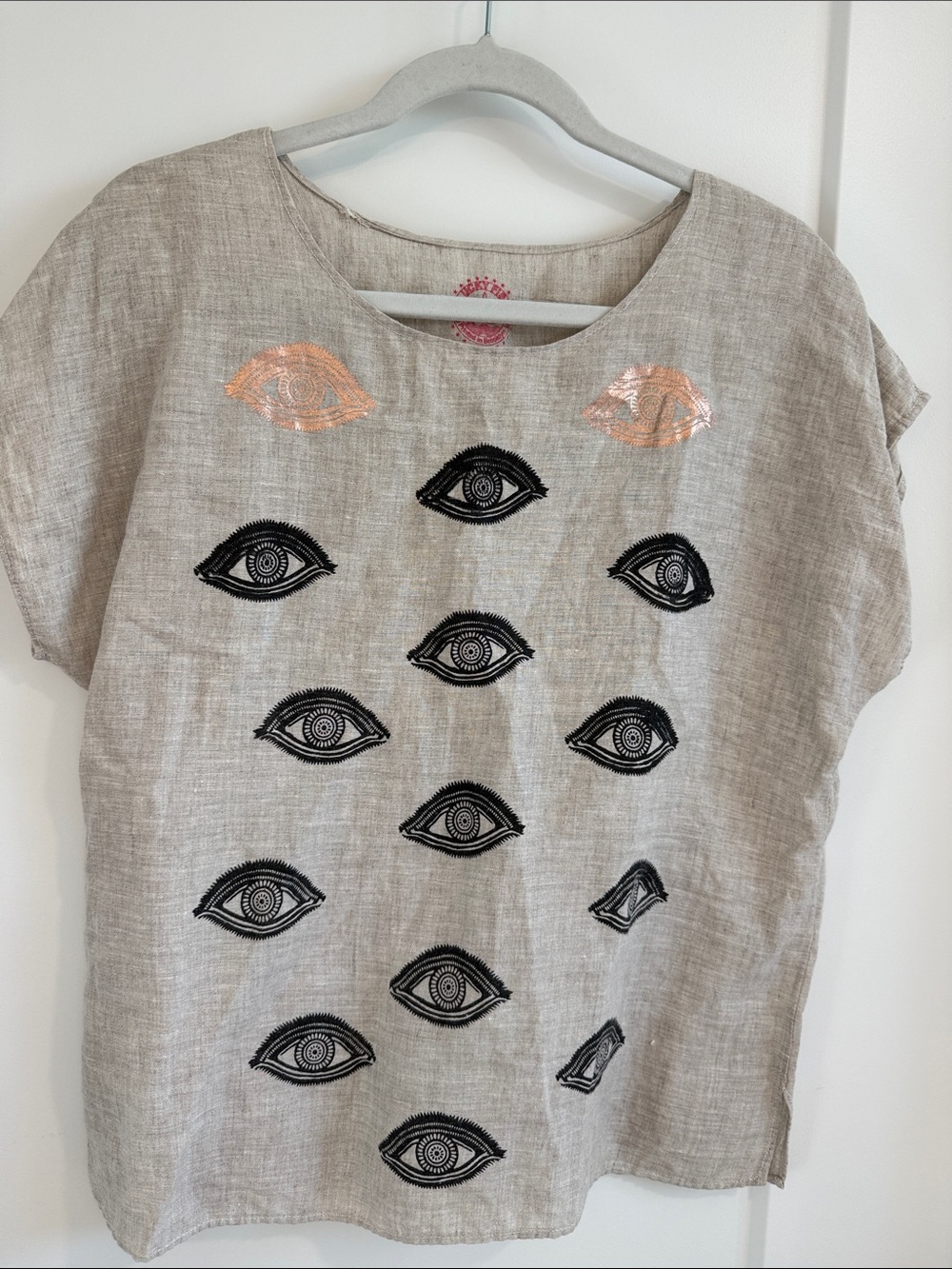 Lucky fish hand printed Eye Linen Top in Natural with Black & Rose Gold Detail